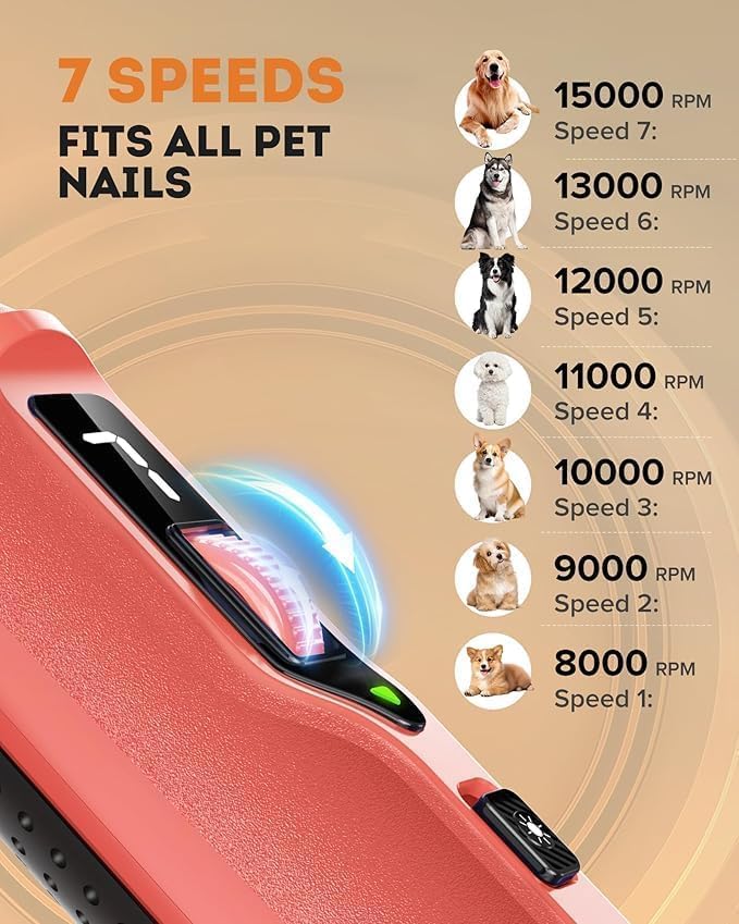 YABIFE 7-Speed Pet Nail Grinder with Light – Heavy Duty, Whisper Quiet Nail Trimmer for Dogs, Cats, Birds & Small Animals – Single-Handed Operation