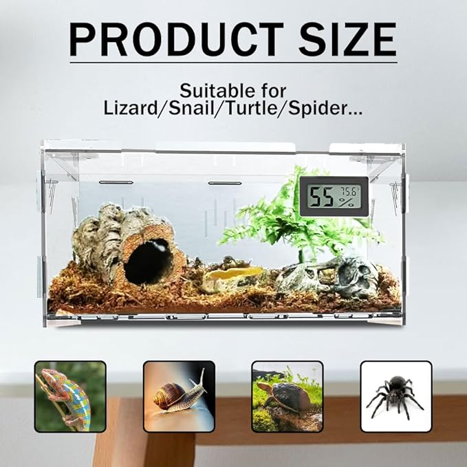 Reptile Terrariums, with Temperature Hygrometer, 15.7"x9.9"x7.1"Acrylic Reptile Breeding Box Terrarium Cage Tank for Small Reptile Insect Home Office