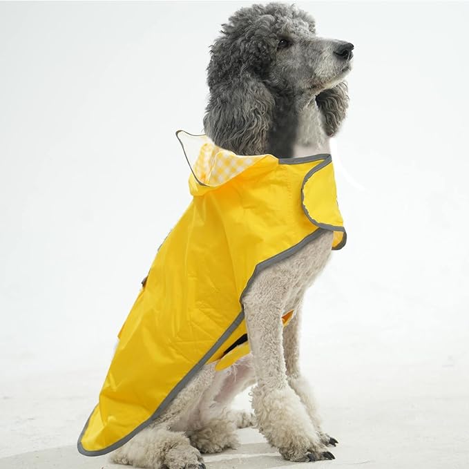 MAMORE Dog Raincoat Reversible,Waterproof Dog Rain Coat Hooded Slicker Poncho with Reflective Strip, Plaid Double Layer Rain Jacket for Small Medium Large Dogs (Yellow, Large)