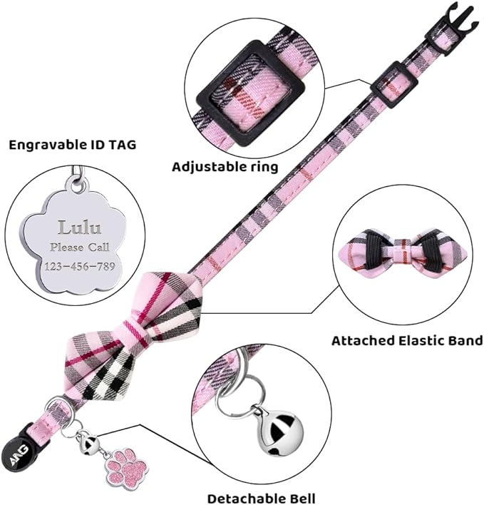 Personalized Breakaway Cat Collars - ID Tag, Bell, Bowtie - Safety Quick-Release, Customized for Girls & Boys Cats (British Tartan-Pink)