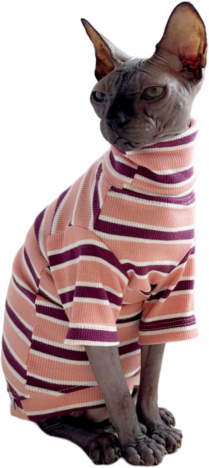 Turtle Neck Vintage Stripes Sphynx Hairless Cat Cotton T-Shirts Pet Clothes Vest Kitten Shirts Sleeveless, Cats & Small Dogs Apparel (Pink, M (5-6.5 lbs))
