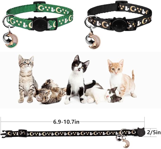 2PCS Breakaway Cat Collars with Bell Cute Kitty Glow in The Dark Adjustable Kitten Collars(Deep Green&Black)