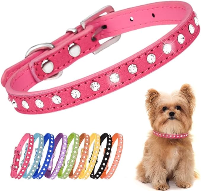 Rhinestone Dog Collar Suede Leather Crystal Diamond Colorful Bling Girl Puppy Cat Collars XS Small Pets (XS, Hot Pink)
