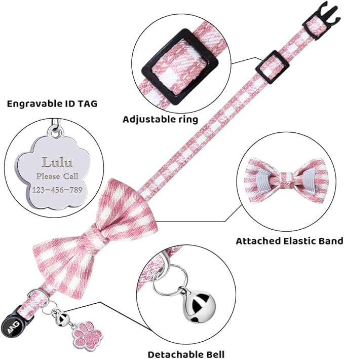 Personalized Breakaway Cat Collars - ID Tag, Bell, Bowtie - Safety Quick-Release, Customized for Girls & Boys Cats (Houndstooth-Pink)