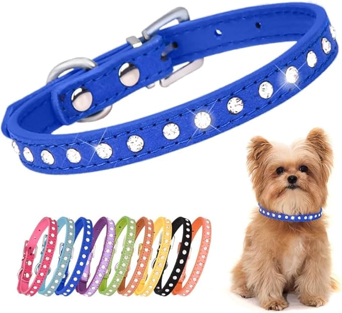 Rhinestone Dog Collar Suede Leather Crystal Diamond Colorful Bling Girl Puppy Cat Collars XS Small Pets (S, Dark Blue)