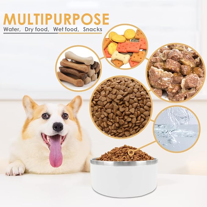 IKITCHEN Dog Bowl for Food and Water, 40 Oz Stainless Steel Pet Feeding Bowl, Durable Non-Skid Double Wall Insulated Heavy Duty with Rubber Bottom for Medium Large Dogs (40 Ounces/5 Cup, White)