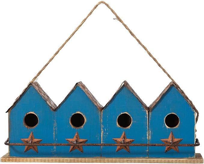 Glitzhome 17" L Retro Blue Distressed Solid Wood Birdhouse with Perch Garden Hanging Bird House for Outdoors