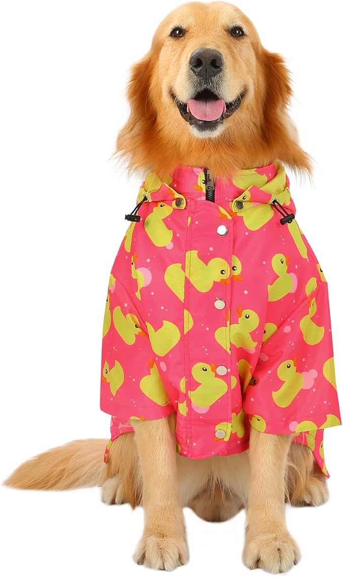 HDE Dog Raincoat Poncho Double Layer Zip Rain Jacket with Removable Hood, Leash Hole for Small to 3XL Dogs and Puppies Ducks Pink - XL