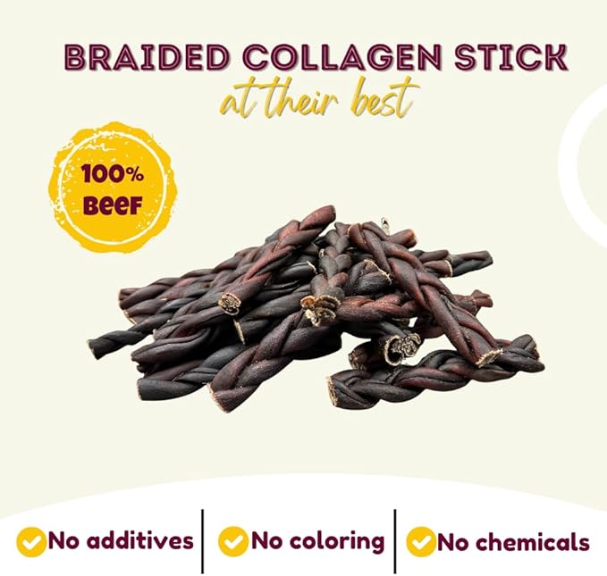 Woofley's 6 Inch Braided Collagen Sticks for Dogs - (50 Count) Bully Stick Rawhide Alternative Dog Chews No Hide Bones for Medium & Large Dogs