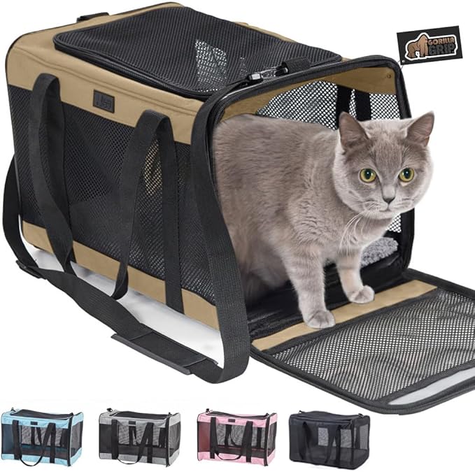 GORILLA GRIP Cat Carrier Travel Bag Up to 15 Lbs, Soft Collapsible Small Dog Carriers, Top and Side Entry Breathable Mesh, Grip Feet on Underside, Cozy Washable Waterproof Pad, Portable Kennel, Beige