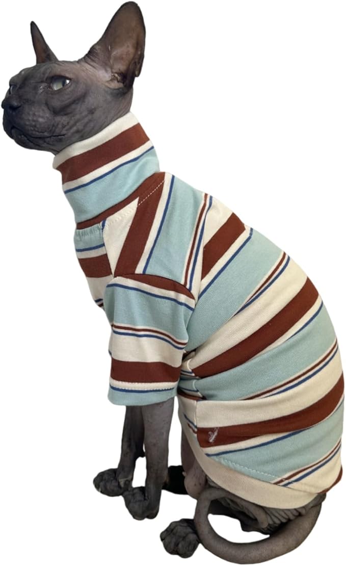 Vintage Stripes Sphynx Hairless Cats Shirt Cotton Cat Turtleneck Pet Clothes Kitten T-Shirts with Sleeves for Sphynx Cornish Rex, Devon Rex, Peterbald (Mint Brown, Medium (Pack of 1))