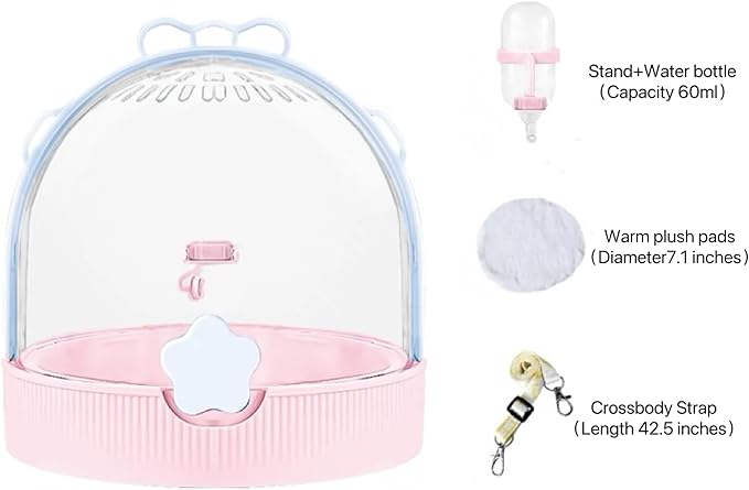 TUTU&LELE Small Animal Carrier, Travel Carry-Out Cage with Warm Plush Pads and Water Bottle can be Carried Both by Hand and Crossbody, Suitable for Dwarf Hamsters, mice, Hamsters (Blue)