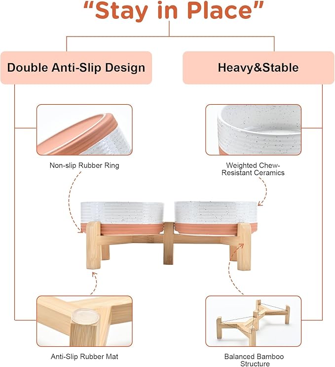 SPUNKYJUNKY Elevated Dog Bowls Ceramic, 5.1'' Dogs and Cat Food Water Bowls Raised with Non-Slip Bamboo Stand for Puppy Small Sized Breed Microwave Dishwasher Safe - 13.5 OZ,Pattern White