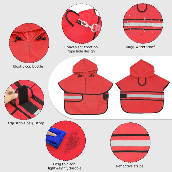 Candofly Dog Raincoat Hooded Poncho - Adjustable Waterproof Dog Rain Jacket Lightweight Reflective Dog Rain Coat Pet Slicker for Small Medium Large Dogs (X-Large, Bright Red)