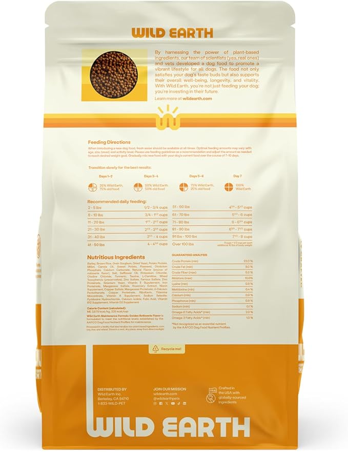 Wild Earth Vegan Dry Dog Food | Plant-Based Maintenance Formula | Vegetarian, Allergy Relief, Veterinarian-Developed for Complete Nutrition | Golden Rotisserie Flavor, 4 Pound Bag