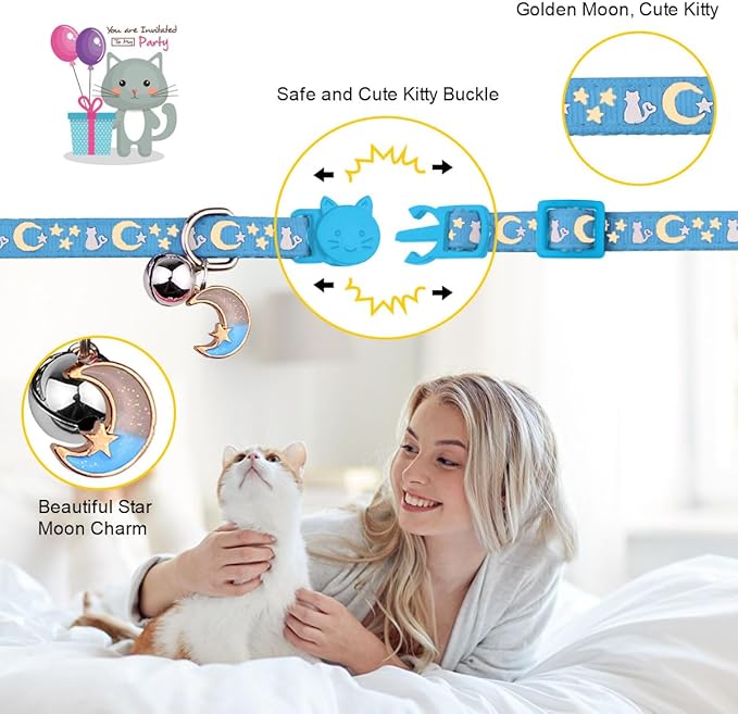 2PCS Breakaway Cat Collars with Bell Cute Kitty Glow in The Dark Adjustable Kitten Collars with Pendant(Black&Sky Blue)