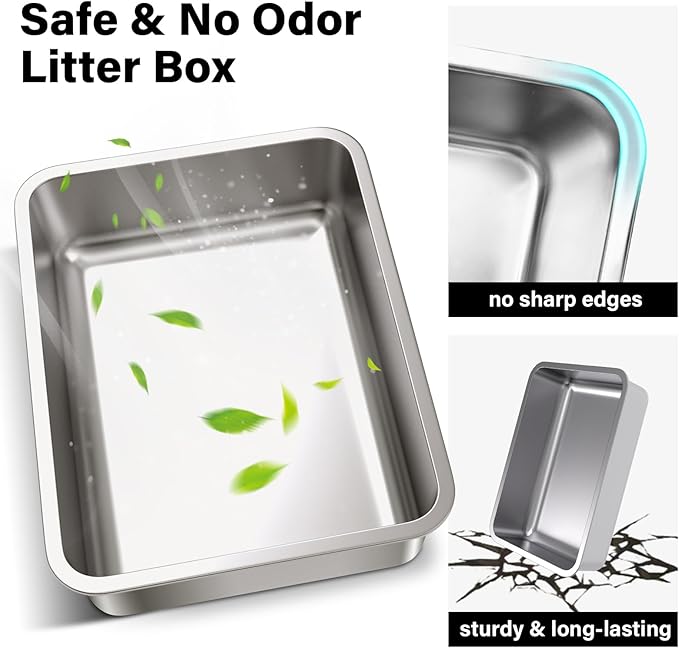Stainless Steel Litter Box - 17.7" L x 13.77" W x 4" H Metal Cat Litter Box, Non Stick, No Smell, Easy Entry,Easy to Clean,Metal Litterbox for Kitten,Elderly Cats,Bunny