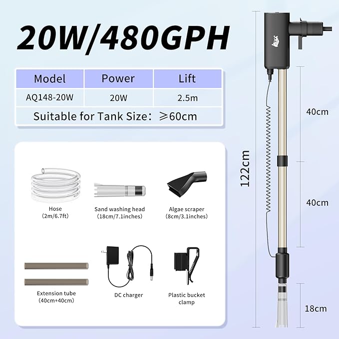 AQQA Aquarium Vacuum Gravel Cleaner 20W Electric Rechargeable Fish Tank Cleaner Tools for Automatic Water Changing, Debris Clean& Sand Washing, Strong Suction with 4-Speed Adjustable (20W, 480GPH)
