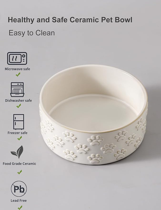 UBEE Ceramic Dog Food Bowl Set of 2, 6.1 inch Dog Dish Bowl with Paw Pattern, Pet Food Water Dish Feeding for Small and Meidum Dogs and Large Cat, White