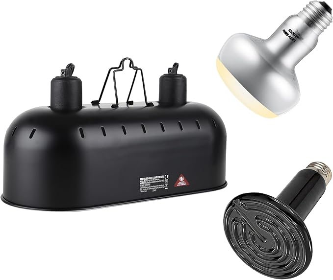 Dual Reptile Light Fixture,Reptile Heat Lamp Fixture with 150W Intense Basking Bulb&Ceramic Heat Emitter,Double Dome Heat Lamp for Lizard,Gecko,Bearded Dragon,Tortoise,Snake,Chameleon