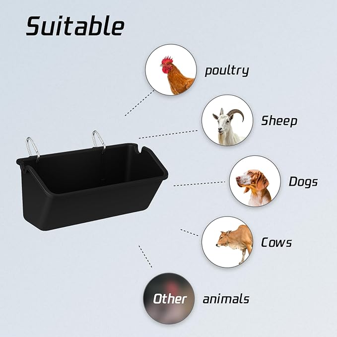 Hanging Chicken Feeder Troughs (2Pack, 5 Qt) – Durable Black Plastic Poultry Feed & Water Buckets with Metal D‑Clips, Multi‑Animal Goat, Sheep, Duck, Pig, Horse, Chicken Coop Feeder