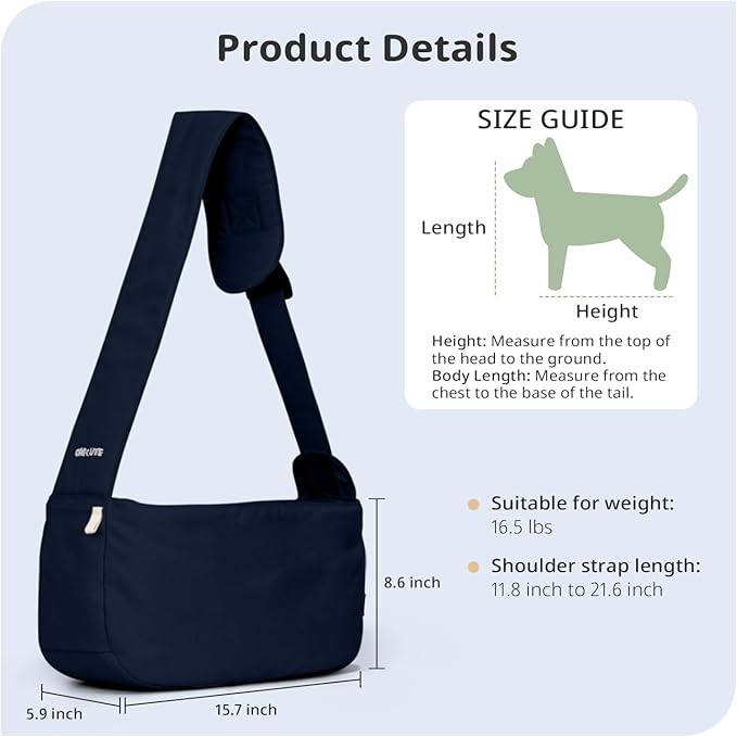 Dog Sling Carrier for Small Dogs and Cats, Lightweight Collapsible Pet Travel Bag with Adjustable Strap, Side Pockets & Breathable Mesh (Navy Blue, 15.7" L x 5.9" W x 8.6" H)