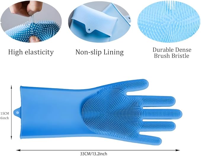 1 pairs Silicone Dishwashing & Pet Grooming Gloves - 2-in-1 Heat Resistant Gloves with High-Density Teeth, Enhanced Five Finger Design for Bathing, Cleaning Dishes, Cars, Dogs & Cats (Blue)