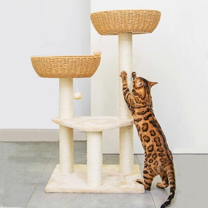 SHENGOCASE Cat Tree Tower with Rattan Wicker Basket, 2 Handwoven Large Nest Baskets Bed, Window Perch for Large Cats up to 20LBS