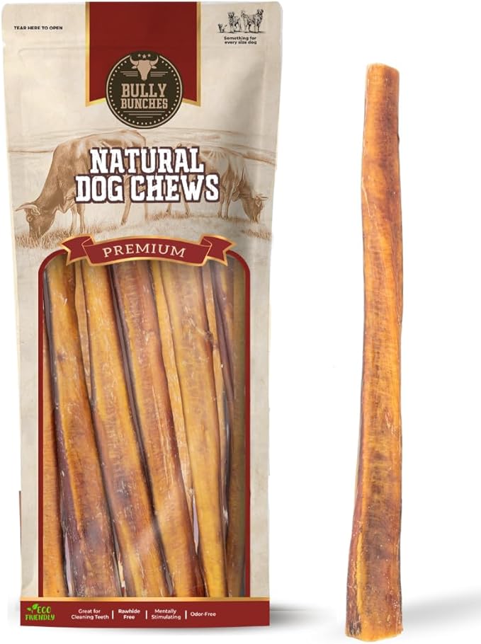 Bully Bunches Premium 12 Inch Jumbo Odor-Free Bully Sticks for Medium & Large Dogs - Long Lasting Chews for Oral Care - All Natural & Single Ingredient, 100% Beef Dog Treat, Rawhide Free (10 Pk)