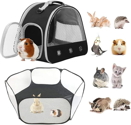 2-Pack Guinea Pig Carrier and Playpen Set - Breathable Pet Playpen Pop Open Outdoor/Indoor Exercise Fence, Portable Small Animal Backpack for Bearded Dragon, Rabbits, Hamster, Chinchillas