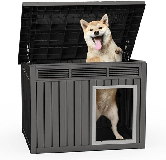 ROJIK Dog House Outdoor Indoor Weatherproof with Removable Roof Raised Base Plate,Pet House Weatherproof for Small Medium Dogs,Easy to Clean and Lightweight(32.2 * 25.12 * 24.13inch,Black)
