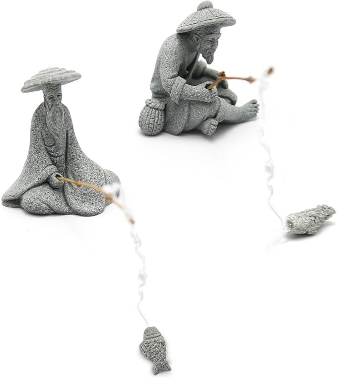 2PCS Mini Sitting Fishing Figurines Sandstone Vintage Ornament Japanese Decor for Fish Tank Pot Garden Home Aquarium Mini Fisherman Statue Asian Zen Decorations