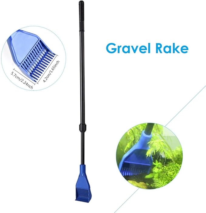 5 in 1 Aquarium/Fish Tank Cleaning Kit/Tool, Algae Scraper, Fish Net, Sponge, Plant Fork, Gravel Rake, Length Adjustable from 21 inches to 31 inches (Extendable)