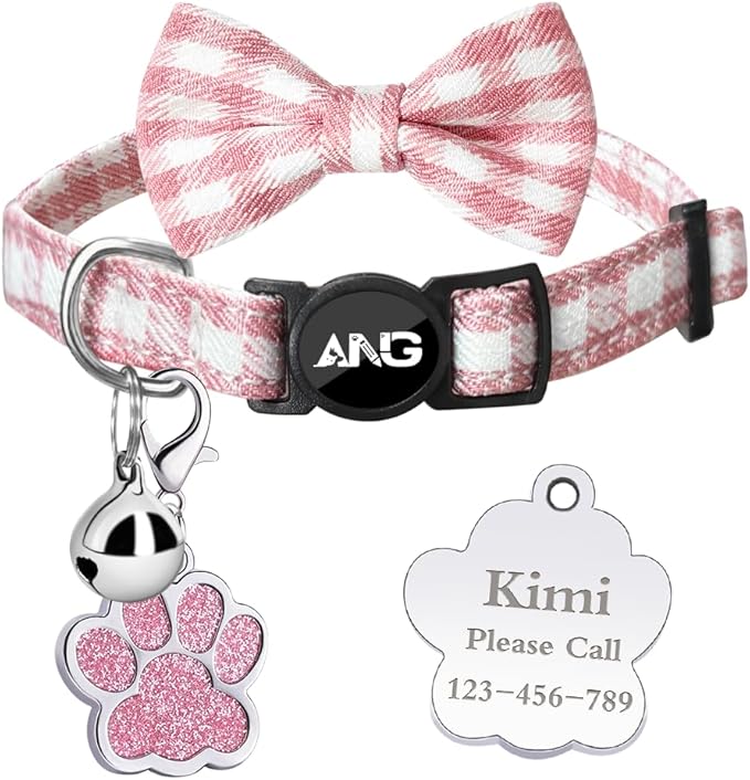 Personalized Breakaway Cat Collars - ID Tag, Bell, Bowtie - Safety Quick-Release, Customized for Girls & Boys Cats (Houndstooth-Pink)