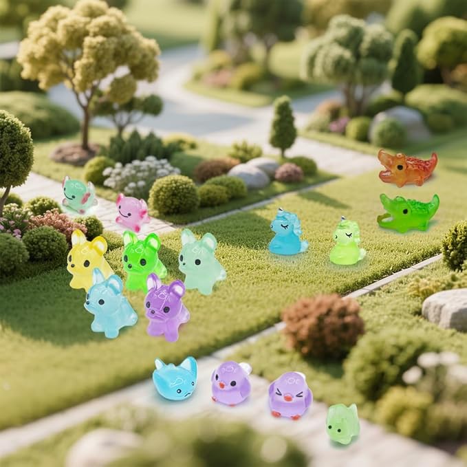 105 Pcs Luminous Mini Resin Animals Miniature Animals Figurines Tiny Little Animals Glow in Dark Small Animal Figures to Hide Mini Animals Micro Landscape Ornaments Fairy Garden Accessories