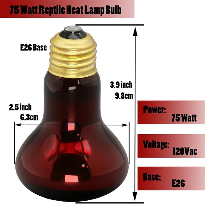 Reptile Heat Lamp Bulb 75 Watt, Infrared Red Heat Light Bulb Basking Spot Lamp for Bearded Dragon, Reptiles Amphibian, Chickens Coop, Lizard, Turtle, Hermit Crab, Leopard Gecko, Snake, 2 Pack