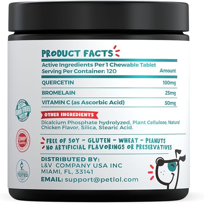 Quercetin for Dogs with Bromelain & Vitamin C - Allergy & Itch Relief, Immune & Inflammatory Support - 120 Chewable Tablets Made in USA