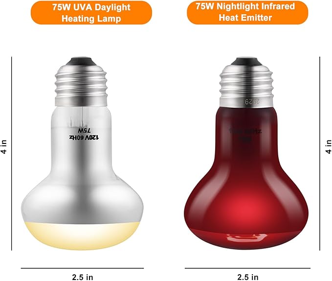 2 Pack 75W Reptile Heat Lamp Bulbs Reptile Heat Bulbs, UVA Basking Bulb and Infrared Light Bulb Combo, Basking Light for Bearded Dragon, Turtles, Snake and Lizard