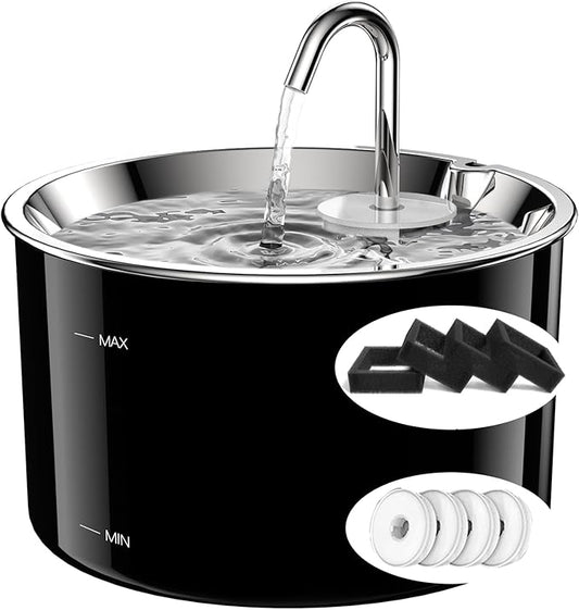 Cat Water Fountain Stainless Steel,3 L/ 101 oz Pet Water Fountain with 5-Stage Circulating Filtration System,Cat Fountain with Quiet Pump for Cats, Dogs (4 Filters + 4 Sponges)