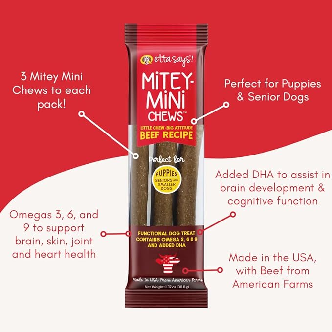 etta says! Mitey Mini Chews Dog Treats - Made in The USA - Grain-Free and Odor-Free - All-Natural Dog Chews - Perfect for Puppies and Senior Dogs - with Omega 3, 6, and 9 - Beef - 6 Pack
