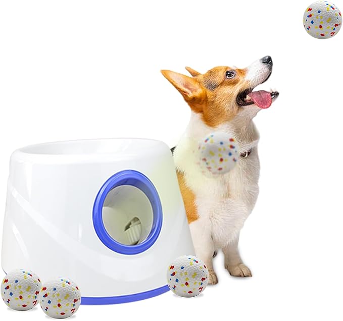 Dog Ball Thrower Launcher, Automatic Ball Launcher for Dogs, 3 Adjustable Distance Settings, Indoor OutdoorInteractive Toy, with 3 2.3-inch Balls, Small/Medium Sized Dog Thrower