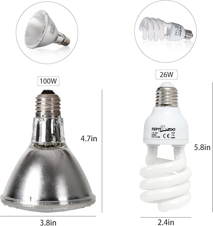 REPTIZOO Reptile Heat Lamp Reptile Light Fixture Combo Pack, 100W UVA Turtle Basking Spot Lamp Reptile Heat Bulb & 26W UVA UVB Reptile Light Fluorescent UVB Bulb 5.0