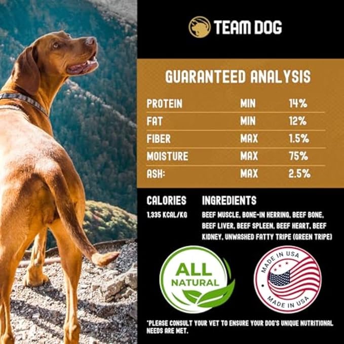 Team Dog Raw Frozen Dog Food | 65% Beef Muscle, Organ Meats, Herring & Green Tripe | All Natural Grain Free Dog Food for Optimal Health, Digestion & Coat | 24 x 1lb Rolls