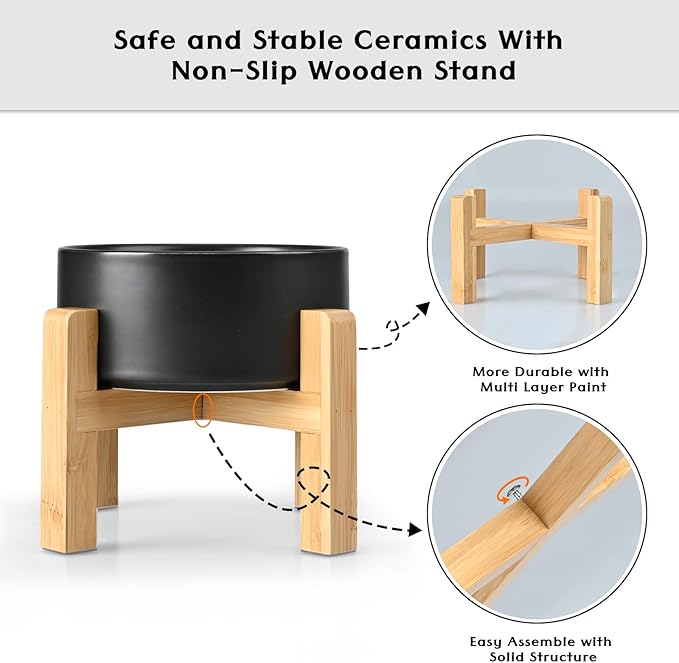 SPUNKYJUNKY Ceramic Elevated Dog Bowls 2 Pack - 5.1inch Raised Dog Bowls with Non-Slip Wooden Stand for Small Dogs Dishwasher Safe(Black,13.5OZ*2)
