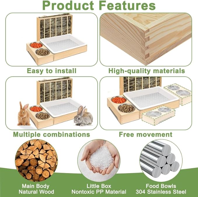 Rabbit Litter Box Bunny Litter Box Hay Feeder Rabbit, 3 in 1 Wooden Hay Feeder with 2 Bowls & Toilet for Guinea Pig, Bunny, Hamster, Chinchillas Other Small Animals, Large Capacity & Preventing Waste