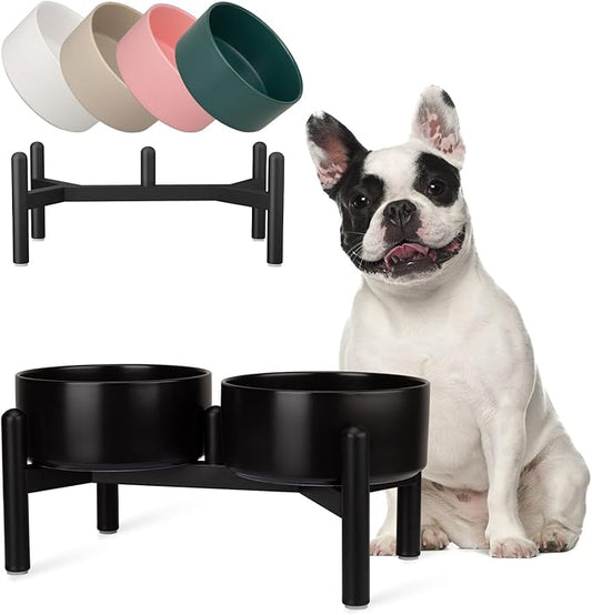 Raised Ceramic Dog Bowl Set - Elevated Double Dishes with Stainless Steel Stand - Food and Water Bowls for Small to Medium Dogs - Each Holds 2 Cups (28.75 fl oz) - Black
