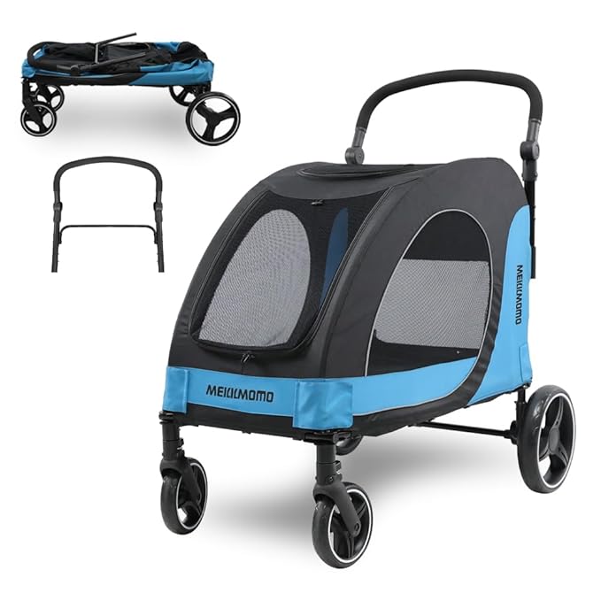 MekkMom Large Dog Cart - Adjustable Handle, Lightweight Foldable Pet Cart, Four Sided Ventilation, 360 Degree Rotating Front Wheel, Capacity 77 Pounds, Suitable for Travel and Exploration - Blue