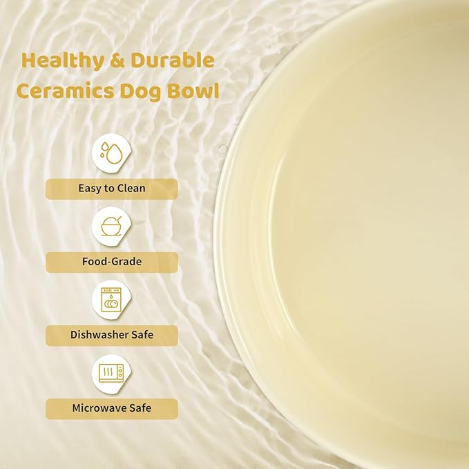 SPUNKYJUNKY Ceramics Elevated Dog Bowls with Wooden Stand - Raised Double 60OZ Cream White Bowls for Medium Large Dogs