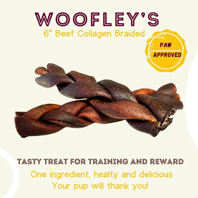 Woofley's 6 Inch Braided Collagen Sticks for Dogs - (50 Count) Bully Stick Rawhide Alternative Dog Chews No Hide Bones for Medium & Large Dogs