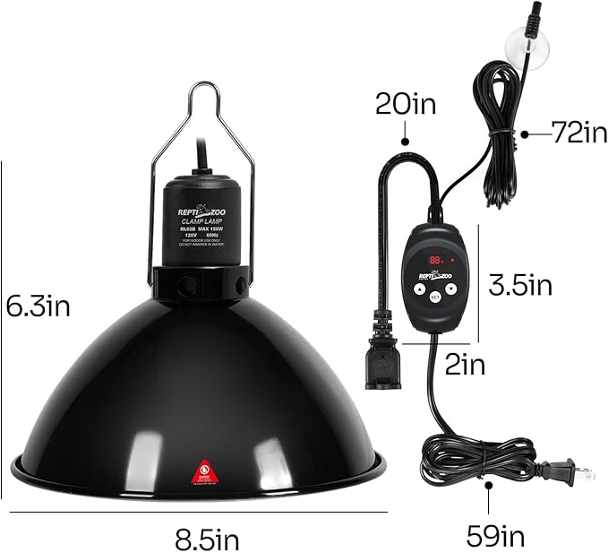 REPTI ZOO Reptile Light Fixture Dimming Thermostat Combo Pack, 8.5 Inch Deep Dome Lamp Fixture Max 150W, PID Reptile Thermostat Temperature Controller for Reptile Heat Lamp Bulb